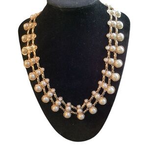 NWT ViVI Gold and Faux Pearl Triple Layered Statement Necklace